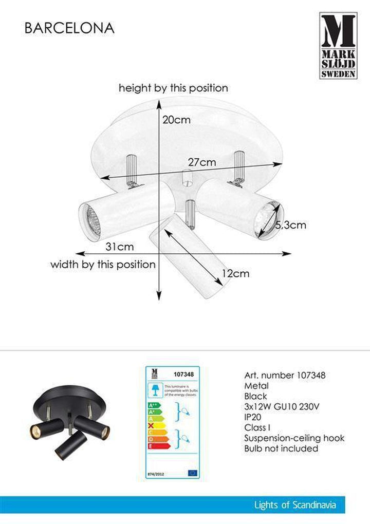 Barcelona taklampe Svart 3 spotter - Svart-Taklamper-Marksløjd-Svart-Mrk-107348-Lightup.no