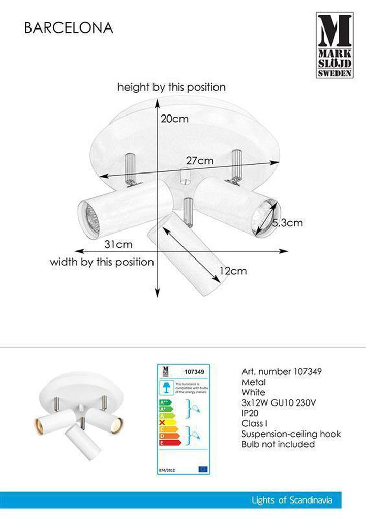 Barcelona taklampe hvit 3 spotter - Hvit-Taklamper-Marksløjd-Hvit-Mrk-107349-Lightup.no