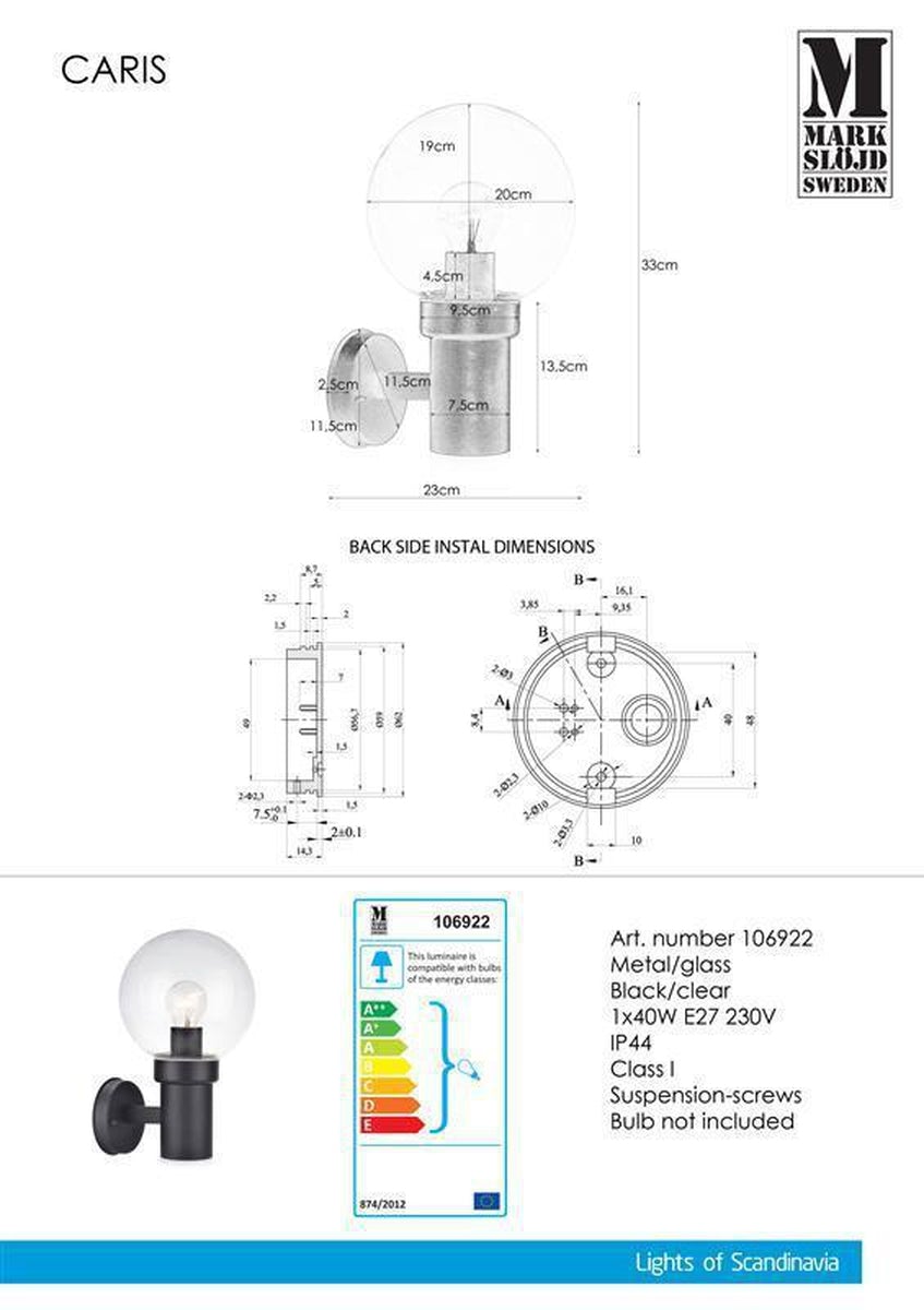 Caris vegglampe - Svart - Svart-Utebelysning vegg veggskjold-Marksløjd-Svart-Mrk-106922-Lightup.no