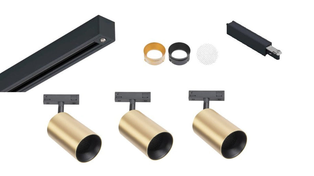 Designline Tube Pro komplett 1.9 meter spotskinne med 3 spotter GU10 - Svart/Messing-Spotskinner 230V-Antidark-Svart / Messing-3-311-20-2+4-311-01-2+2-312-01-4+3-Lightup.no
