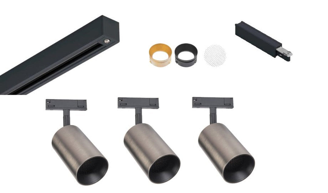 Designline Tube Pro komplett 1.9 meter spotskinne med 3 spotter GU10 - Svart/Titanium-Spotskinner 230V-Antidark-Svart-3-311-20-2+4-311-01-2+2-312-01-9+3-Lightup.no