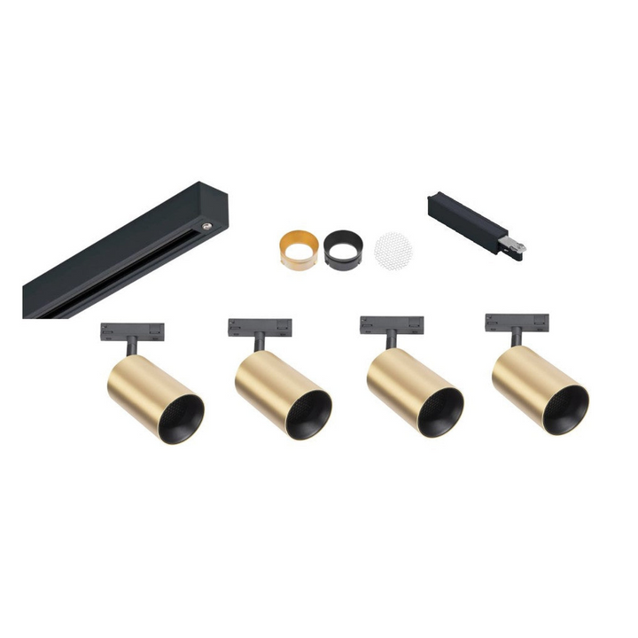Designline Tube Pro komplett 1.9 meter spotskinne med 4 spotter GU10 - Svart/Messing-Spotskinner 230V-Antidark-Svart / Messing-3-311-20-2+4-311-01-2+2-312-01-4-Lightup.no