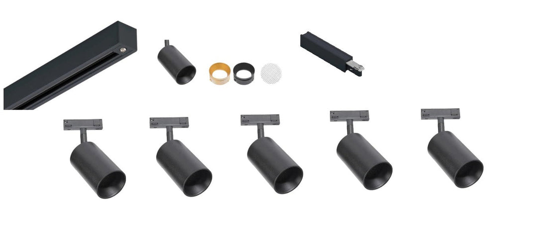 Designline Tube Pro komplett 1.9 meter spotskinne med 5 spotter GU10 - Svart-Spotskinner 230V-Antidark-Svart-3-311-20-2+4-311-01-2+2-312-01-2-5-Lightup.no
