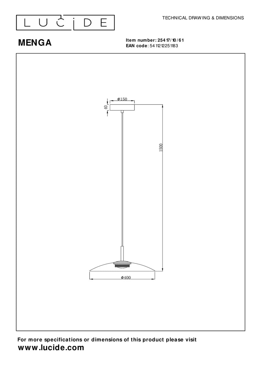 Menga takpendel 40 cm 11W 2700 Kelvin - Dimbar-Taklamper-Lucide-Hvit-LC25417/10/61-Lightup.no