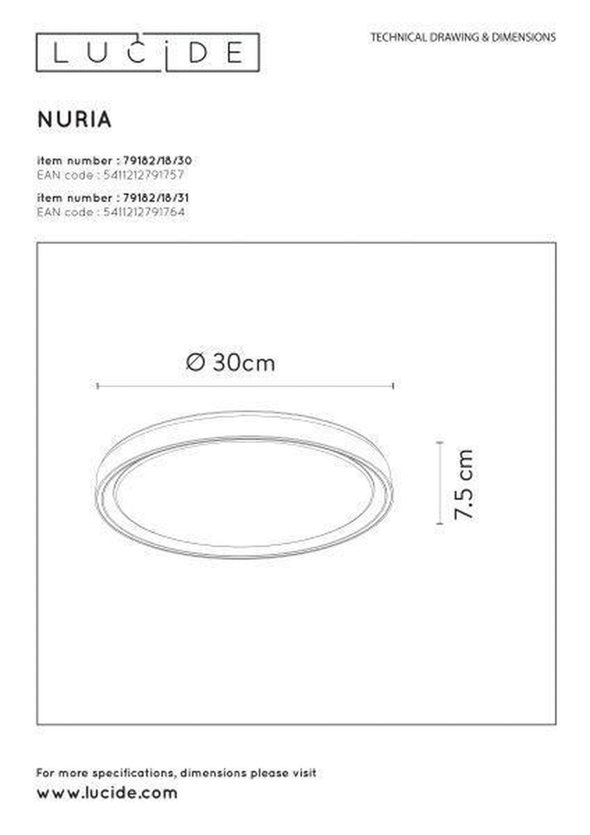 Nuria taklampe 30 cm 18 watt 2700 Kelvin 3-step dim-Taklamper-Lucide-Svart-LC79182/18/30-Lightup.no