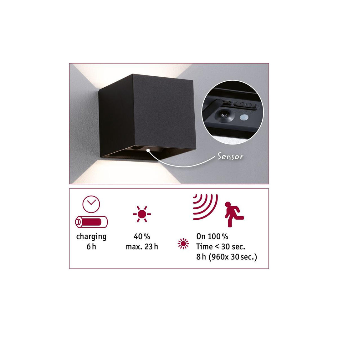 Nyara oppladbar vegglampe opp/ned lys med sensor-Utebelysning vegg opp og ned-Paulmann-Svart-PL-71282-Lightup.no