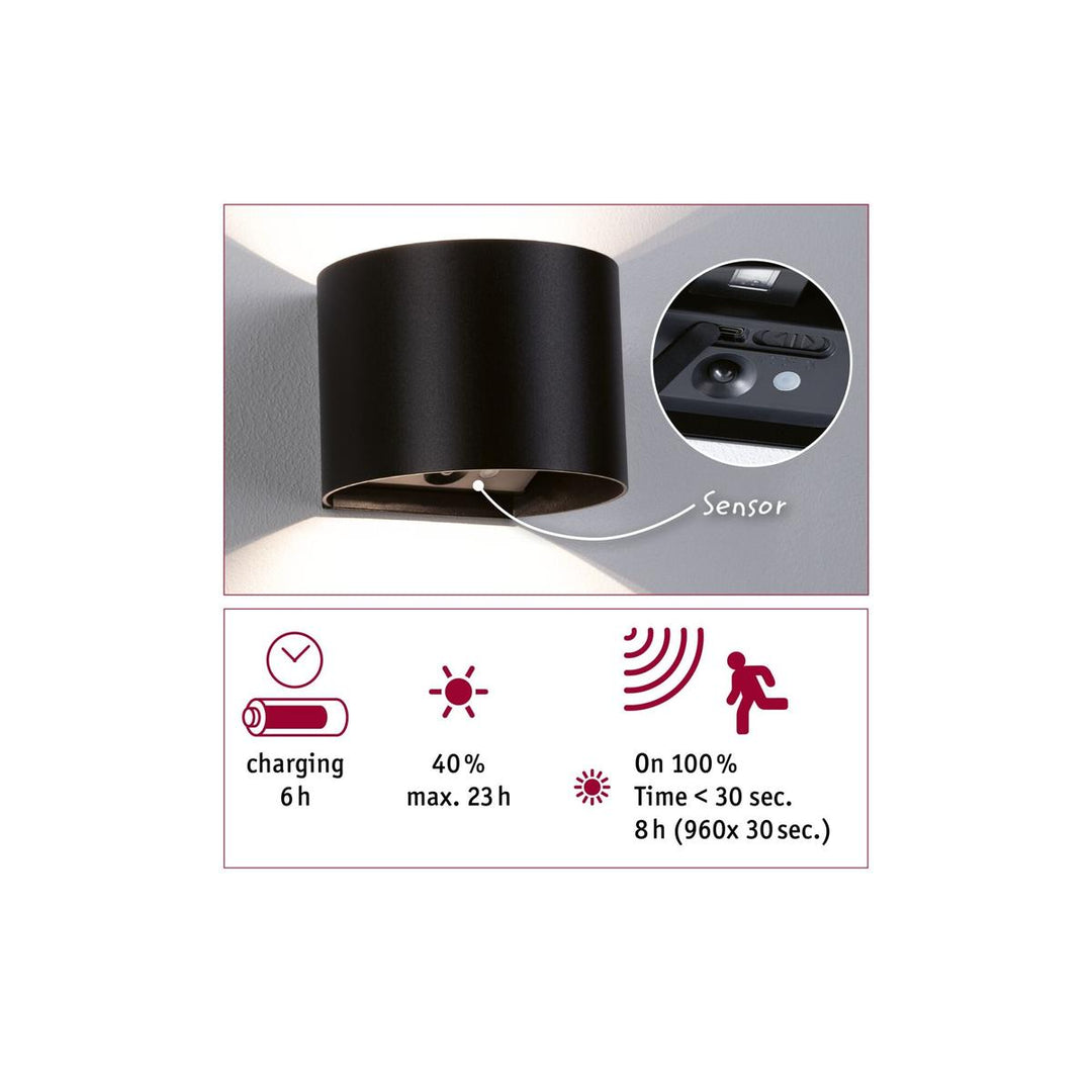 Nyara rund oppladbar vegglampe opp/ned lys med sensor-Utebelysning vegg opp og ned-Paulmann-Svart-PL-71284-Lightup.no
