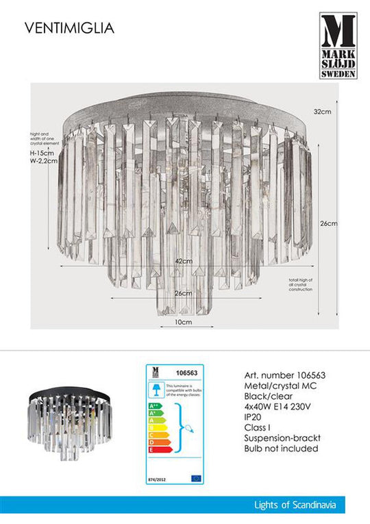 Ventimiglia taklampe 42 cm - Svart/Klar-Taklamper-Marksløjd-Svart/Klar-Mrk-106563-Lightup.no