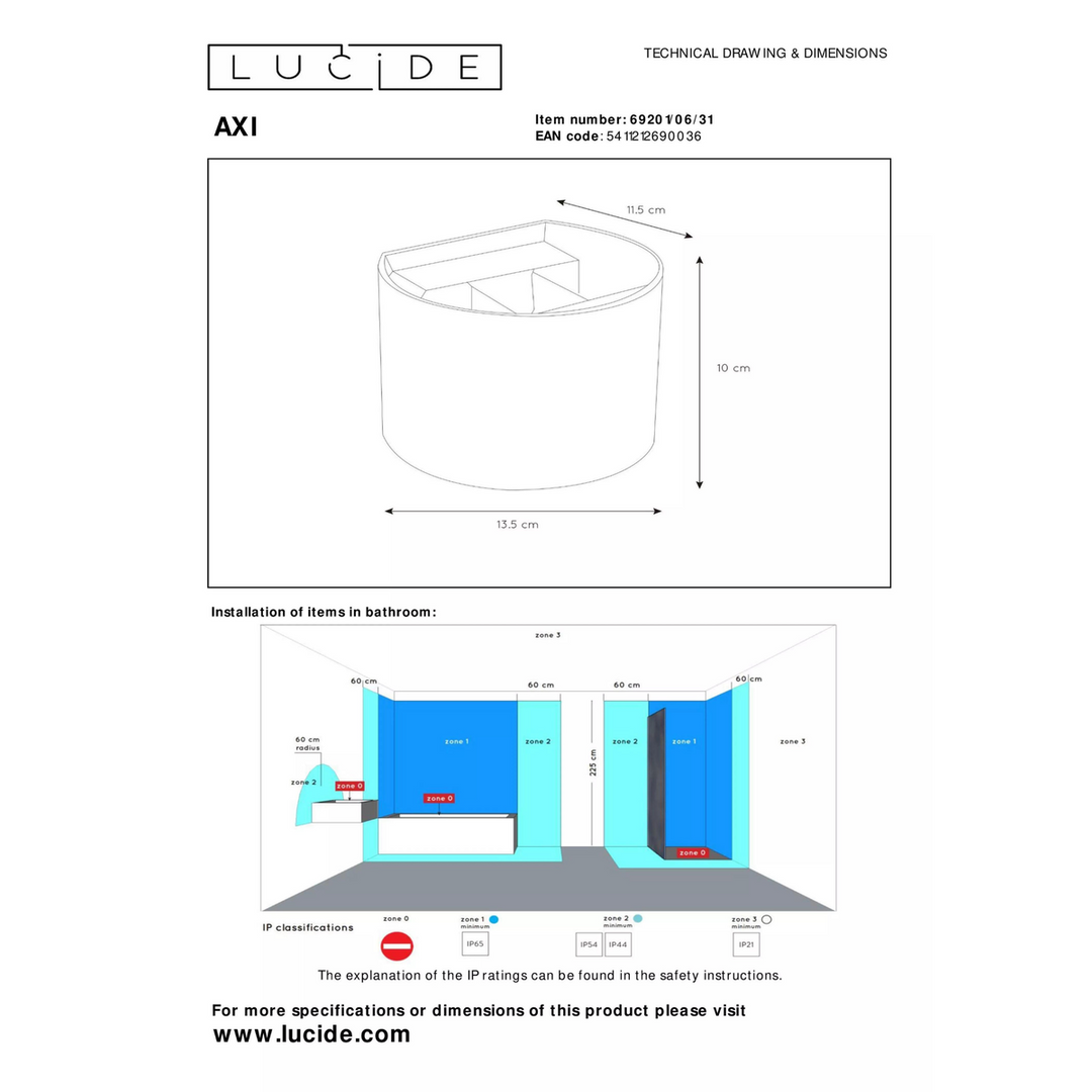 Axi round vegglampe opp/ned baderom IP54 6 watt 2700 Kelvin - Svart-Vegglamper-Lucide-Svart-LC69201/06/30-Lightup.no