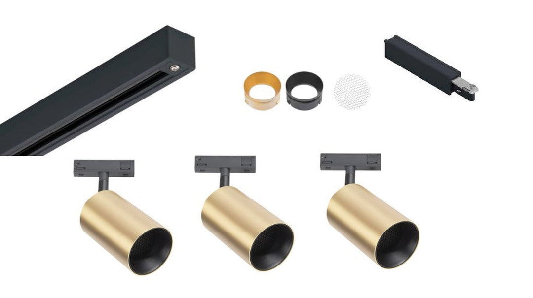 Designline Tube Pro komplett 1 meter spotskinne med 3 spotter GU10 - Svart/Messing-Spotskinner 230V-Antidark-Svart / Messing-3-311-10-2+4-311-01-2+2-312-01-4-Lightup.no