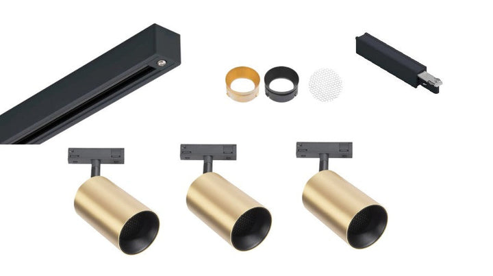 Designline Tube Pro komplett 1 meter spotskinne med 3 spotter GU10 - Svart/Messing-Spotskinner 230V-Antidark-Svart / Messing-3-311-10-2+4-311-01-2+2-312-01-4-Lightup.no