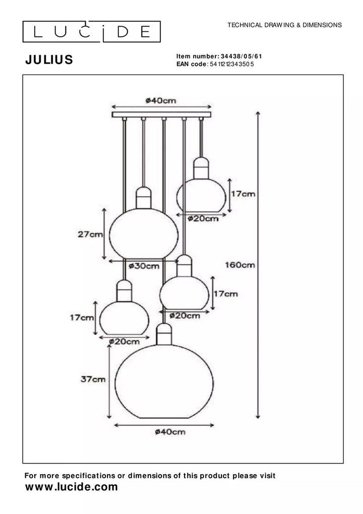 Julius takpendel rondell 5 lys - Opalglass-Takpendler-Lucide-Messing / Opal-LC34438/05/61-Lightup.no