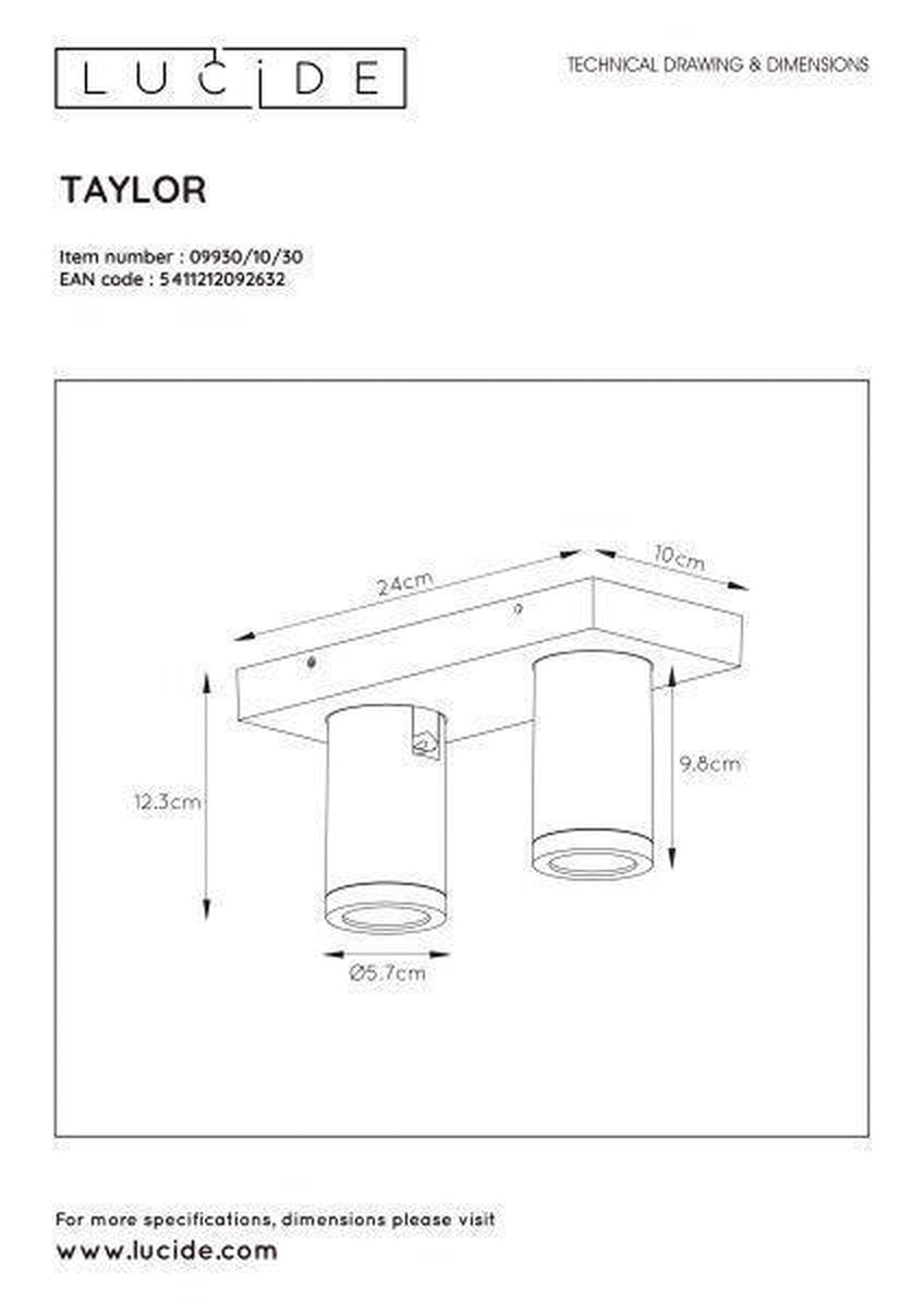 Taylor spot 2 lys IP44 baderom warm to dim 2x5W 2200-3000K-Taklamper-Lucide-Svart-LC09930/10/30-Lightup.no
