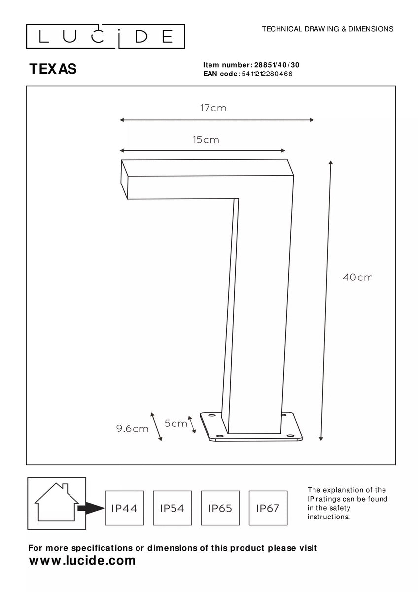 Texas pullert 40 cm 7W IP54 - Antrasitt-Utebelysning pullert-Lucide-Antrasitt-LC28851/40/30-Lightup.no