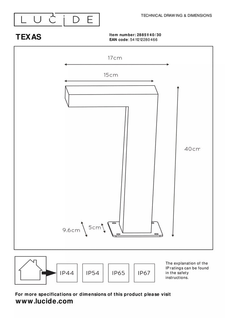 Texas pullert 40 cm 7W IP54 - Antrasitt-Utebelysning pullert-Lucide-Antrasitt-LC28851/40/30-Lightup.no