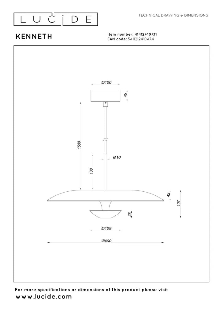 Kenneth takpendel 40cm 12W 2700 Kelvin - Dimbar