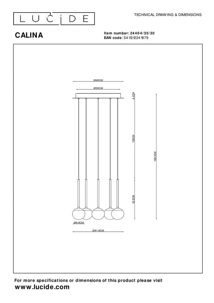 Calina takpendel 5 x 8,2W 2560 Kelvin - Dimbar-Takpendler-Lucide-Svart / Hvit-LC24404/35/30-Lightup.no