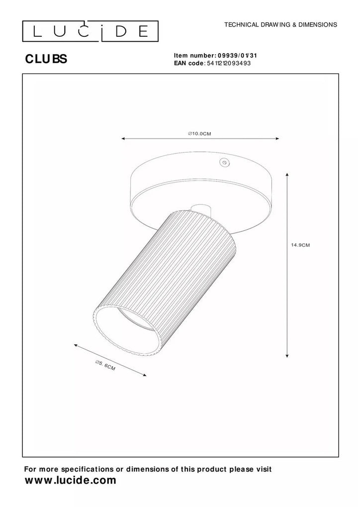 Clubs takspot 1-lys-Taklamper-Lucide-Svart-LC09939/01/30-Lightup.no