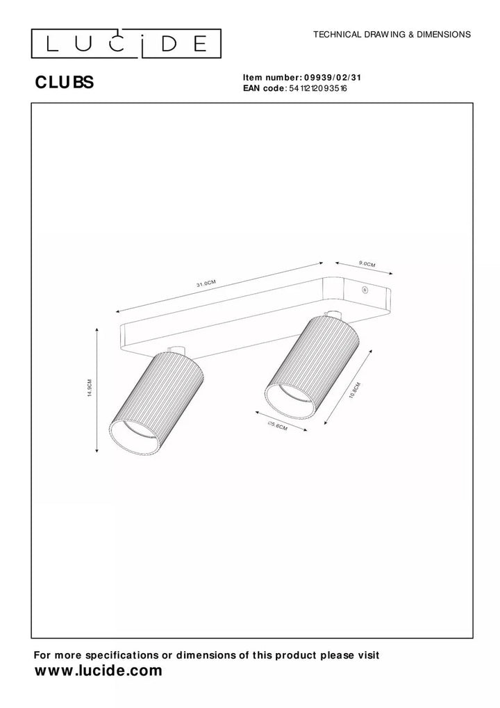 Clubs takspot 2-lys-Taklamper-Lucide-Svart-LC09939/02/30-Lightup.no