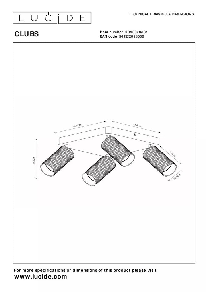 Clubs takspot 4-lys-Taklamper-Lucide-Svart-LC09939/14/30-Lightup.no