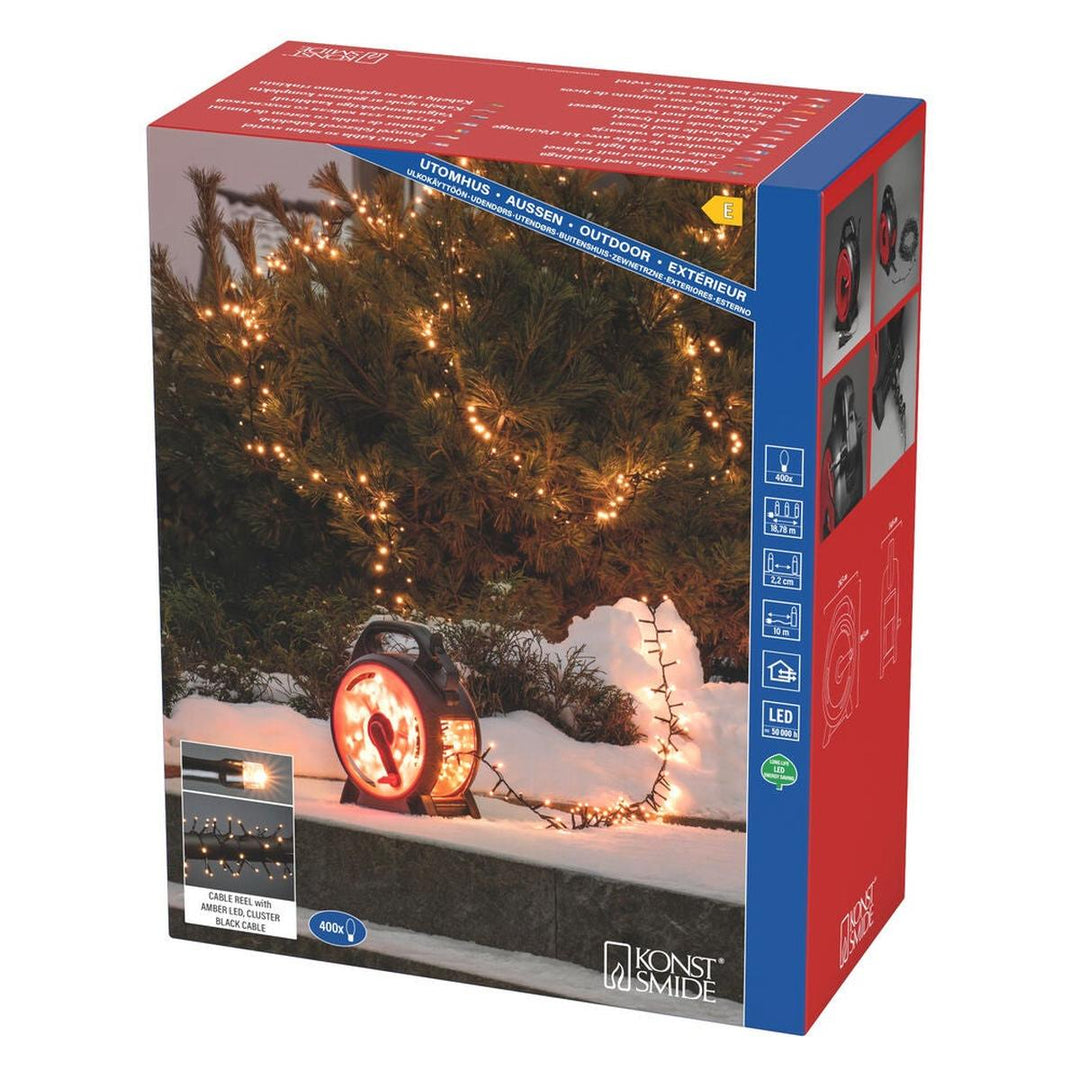Cluster-lysslynge på kabeltrommel – 400 LED – Amber-Julebelysning juletrelys ute-Konstsmide-Svart/rød-3844-800-Lightup.no
