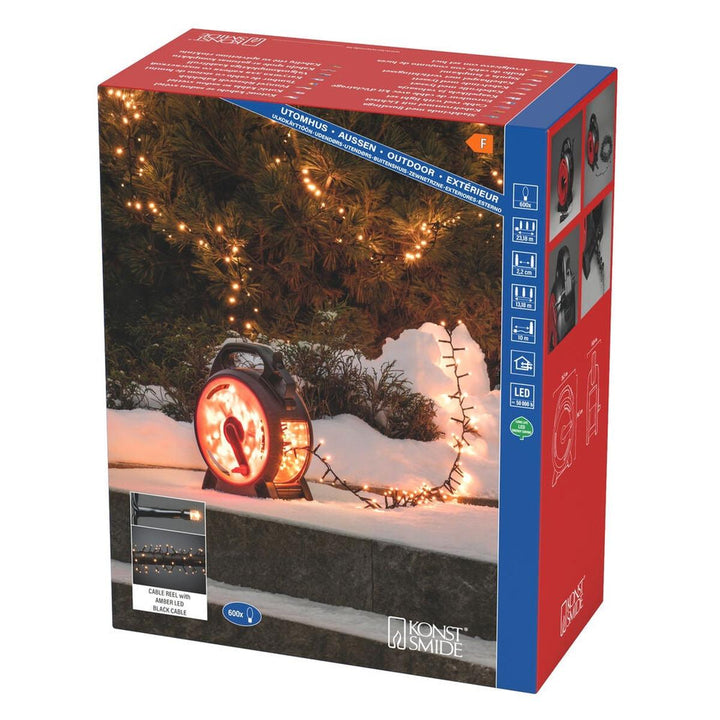 Cluster-lysslynge på kabeltrommel – 600 LED – Amber-Julebelysning juletrelys ute-Konstsmide-Svart/rød-3846-800-Lightup.no