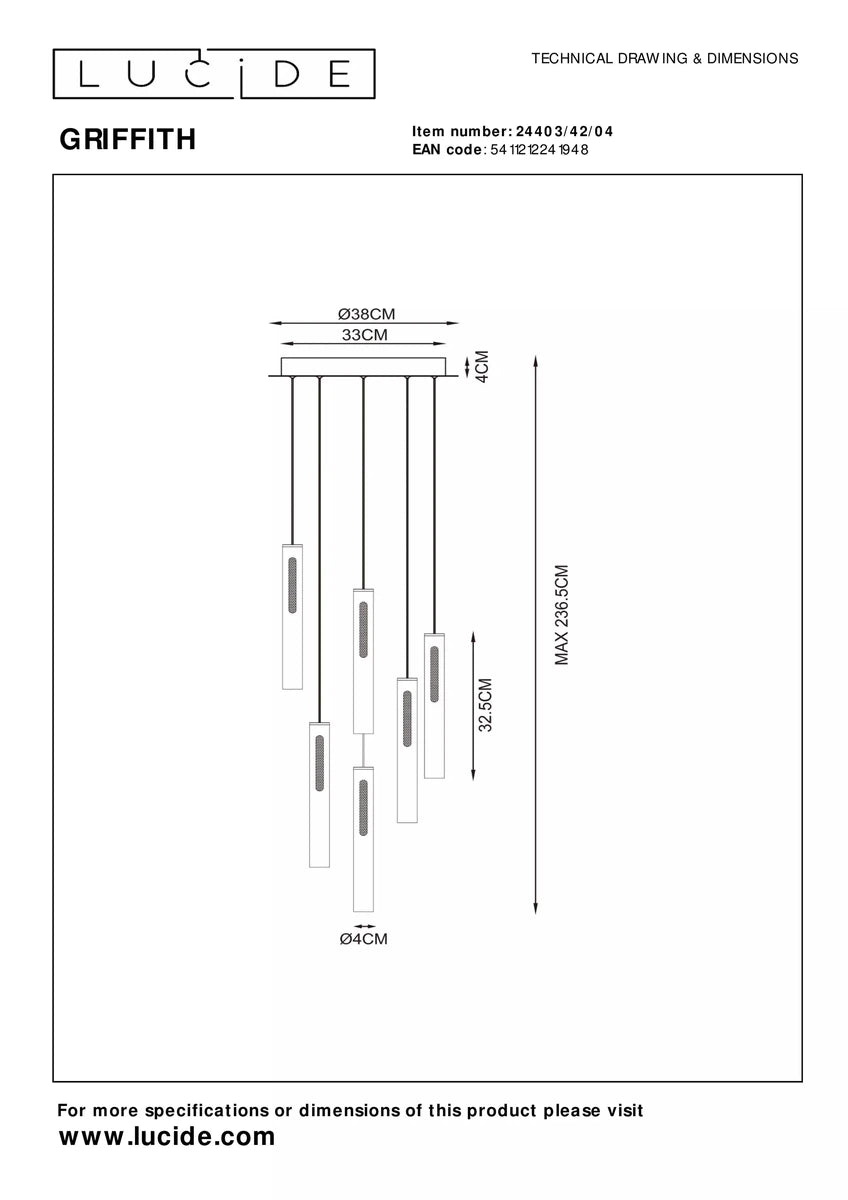 Griffith takpendel 6 x 7,6W - Dimbar-Takpendler-Lucide-Bronse-LC24403/42/04-Lightup.no