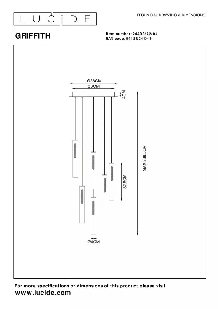Griffith takpendel 6 x 7,6W - Dimbar-Takpendler-Lucide-Bronse-LC24403/42/04-Lightup.no