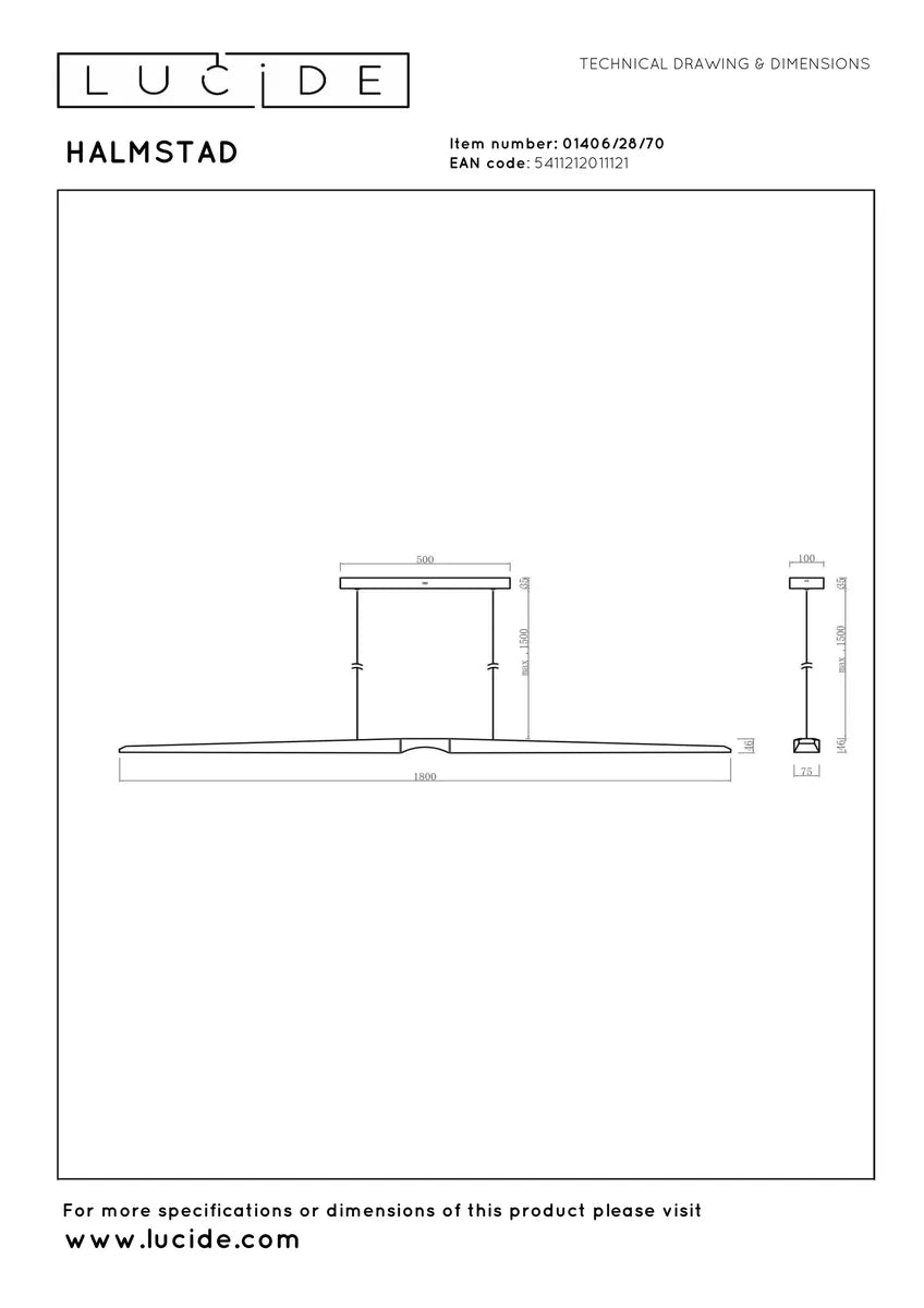 Halmstad takpendel 180 cm 28W 2200/4000 kelvin - Dimbar-Takpendler-Lucide-Mørk tre-LC01406/28/70-Lightup.no