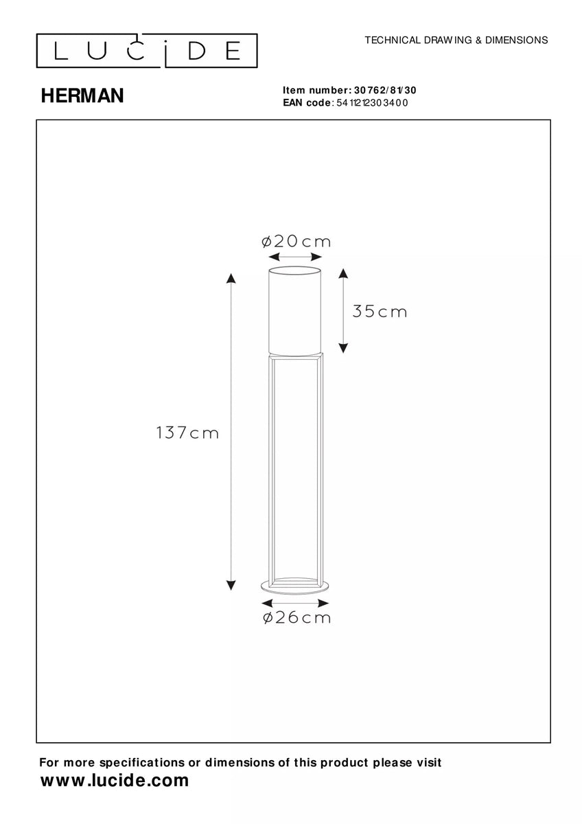 Herman gulvlampe 137 cm-Gulvlamper-Lucide-Svart-LC30762/81/30-Lightup.no