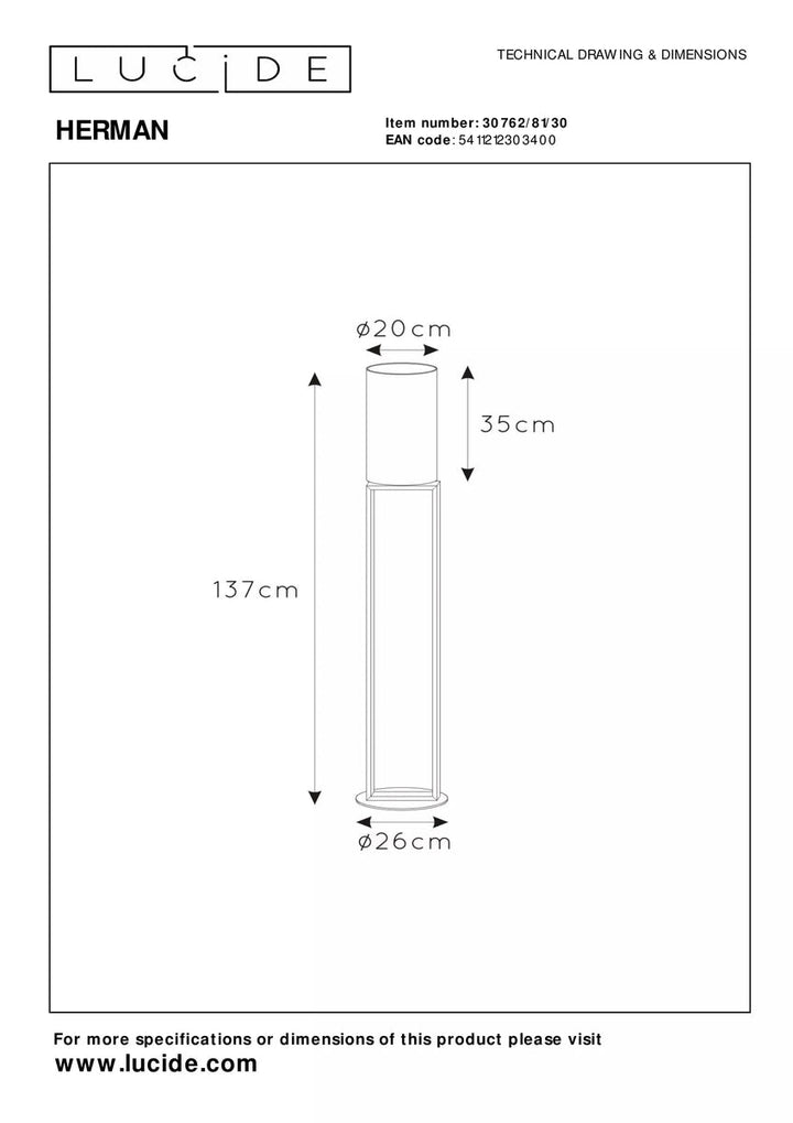 Herman gulvlampe 137 cm-Gulvlamper-Lucide-Svart-LC30762/81/30-Lightup.no