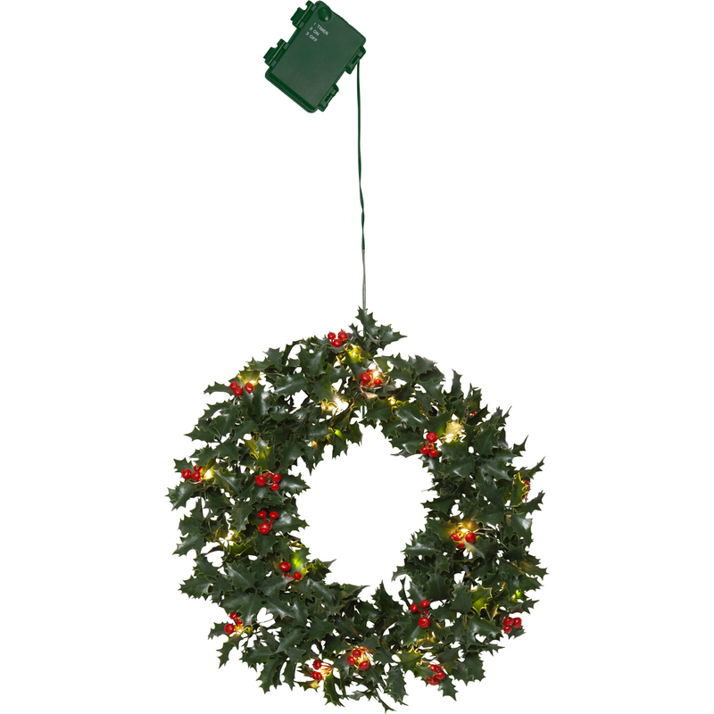 Holly krans m/røde bær 30 cm - Batteridrevet m/timer-Julebelysning dekor og pynt ute-Star Trading-612-56-Lightup.no