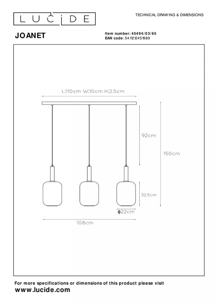 Joanet takpendel 3-lys-Takpendler-Lucide-Svart / Messing / Røyk-LC45494/03/65-Lightup.no