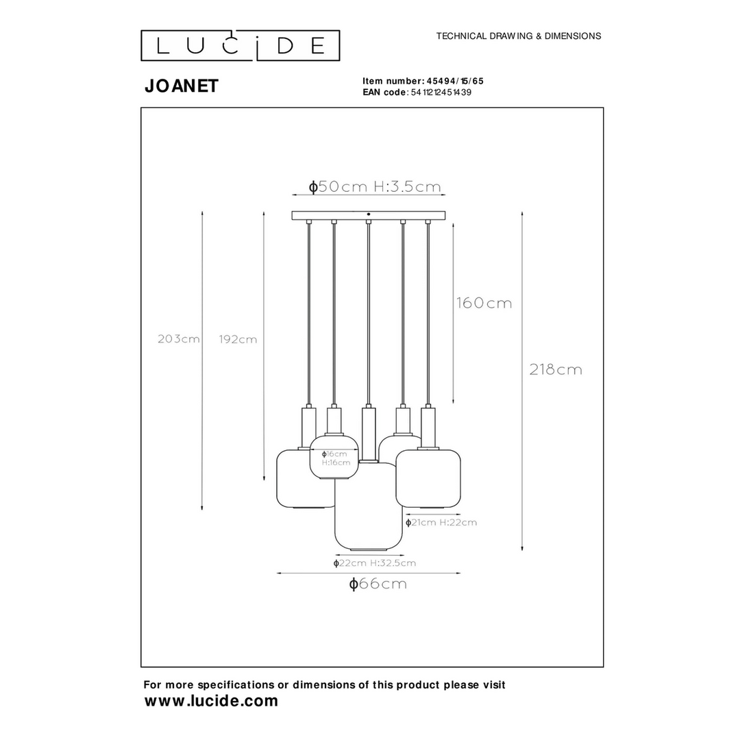 Joanet takpendel rondell 5 lys-Takpendler-Lucide-Messing / Røyk-LC45494/15/65-Lightup.no
