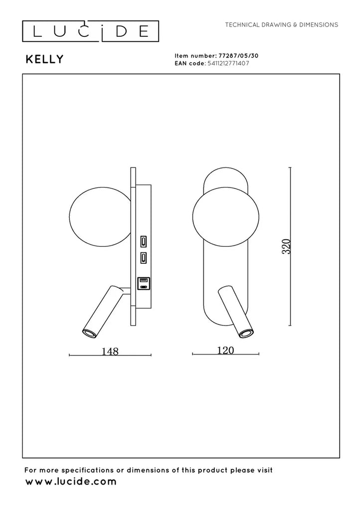 Kelly vegglampe med USB A,C og leselys-Vegglamper-Lucide-Svart / Hvit-LC77287/05/30-Lightup.no