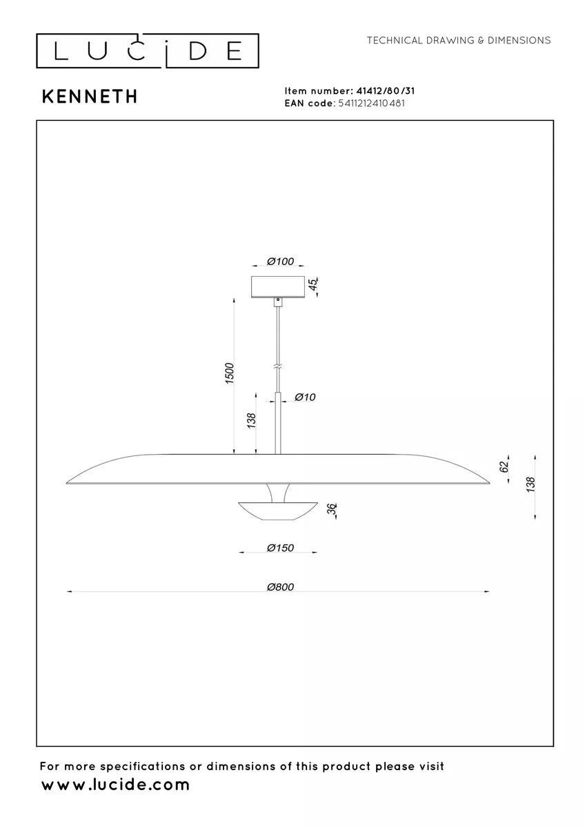 Kenneth takpendel 80cm 22W 2700 Kelvin - Dimbar-Takpendler-Lucide-Hvit-LC41412/80/31-Lightup.no