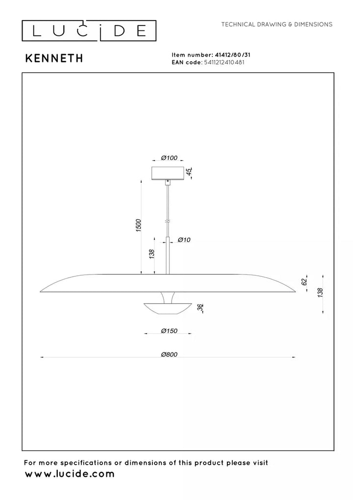 Kenneth takpendel 80cm 22W 2700 Kelvin - Dimbar-Takpendler-Lucide-Hvit-LC41412/80/31-Lightup.no