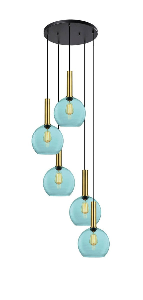 Less rondell takpendel 5 lys - Medium-Takpendler-NorDesign-Messing / Blå-691300505+371303003+361302514-Lightup.no