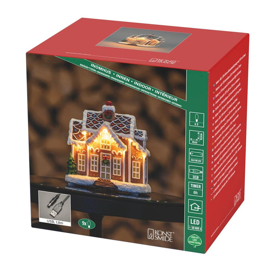 Lite pepperkakehus med LED og timer – 16,5 cm-Julebelysning dekor og pynt-Konstsmide-Flerfarget-4208-600-Lightup.no