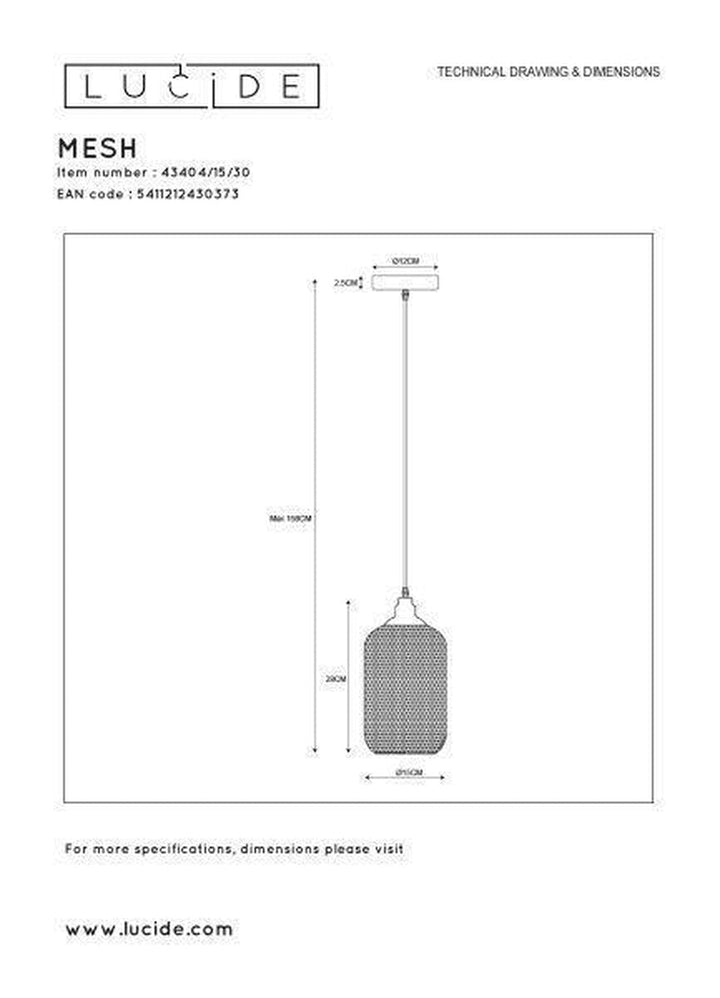 Mesh takpendel 15 cm - Svart-Takpendler-Lucide-Svart-LC43404/15/30-Lightup.no