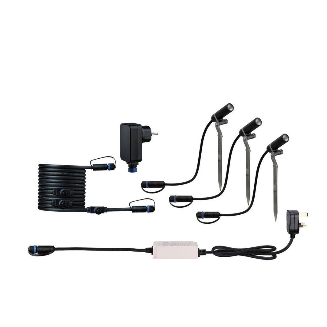 Plug & Shine Platini spot med spyd 2W 3000 Kelvin IP65 - 3 pakning med strømforsyning-Utebelysning spyd-Paulmann-Antrasitt-Pl-94154-Lightup.no