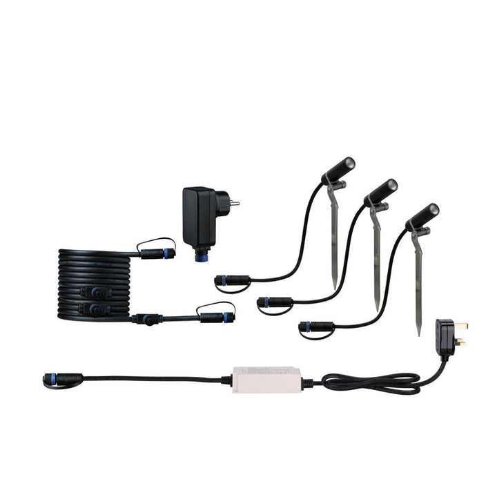 Plug & Shine Platini spot med spyd 2W 3000 Kelvin IP65 - 3 pakning med strømforsyning-Utebelysning spyd-Paulmann-Antrasitt-Pl-94154-Lightup.no