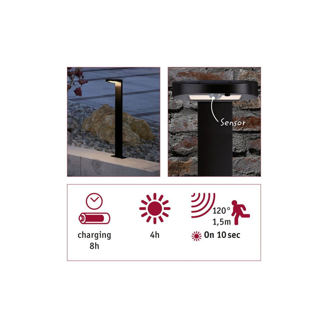 Solar LED pullert 1,2W 3000 Kelvin m/bevegelses sensor IP44 - Solcelle-Utebelysning pullert-Paulmann-Antrasitt-Pl-94249-Lightup.no