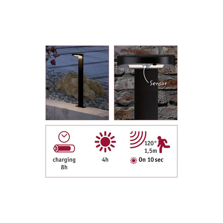 Solar LED pullert 1,2W 3000 Kelvin m/bevegelses sensor IP44 - Solcelle-Utebelysning pullert-Paulmann-Antrasitt-Pl-94249-Lightup.no