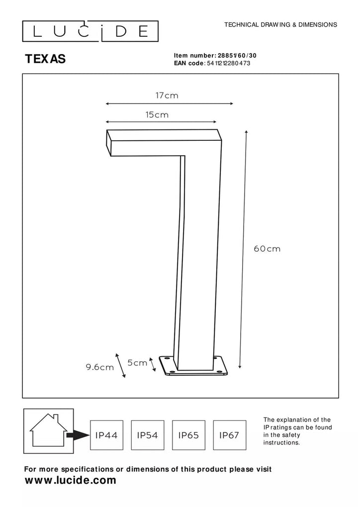 Texas pullert 60 cm 7W IP54 - Antrasitt-Utebelysning pullert-Lucide-Antrasitt-LC28851/60/30-Lightup.no