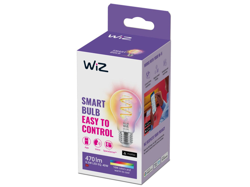 WiZ E27 Lyspære filament A60 6,3W Wifi 2700-6500 Kelvin fullfarge RGB-Smartpærer E27-WiZ-929003267101-Lightup.no