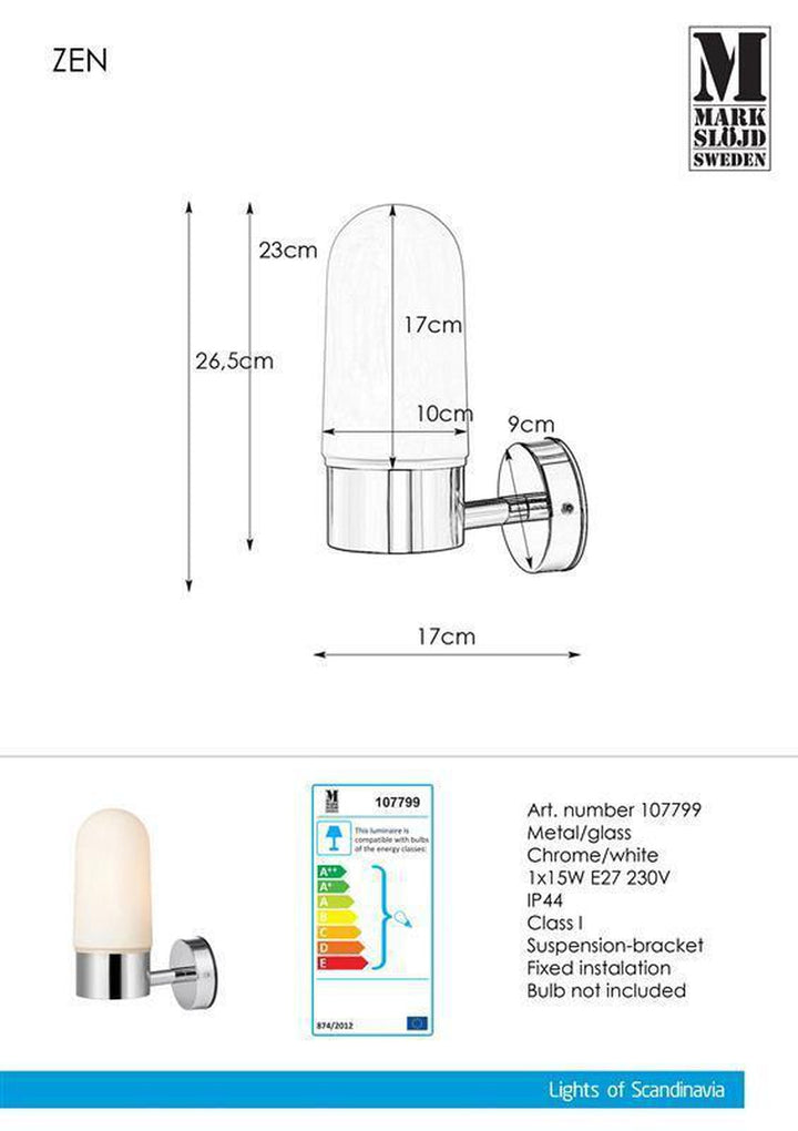 Zen vegglampe IP44 - Krom/opalhvit - Krom / Opal-Baderomsbelysning vegglamper-Marksløjd-Krom / Opal-Mrk-107799-Lightup.no