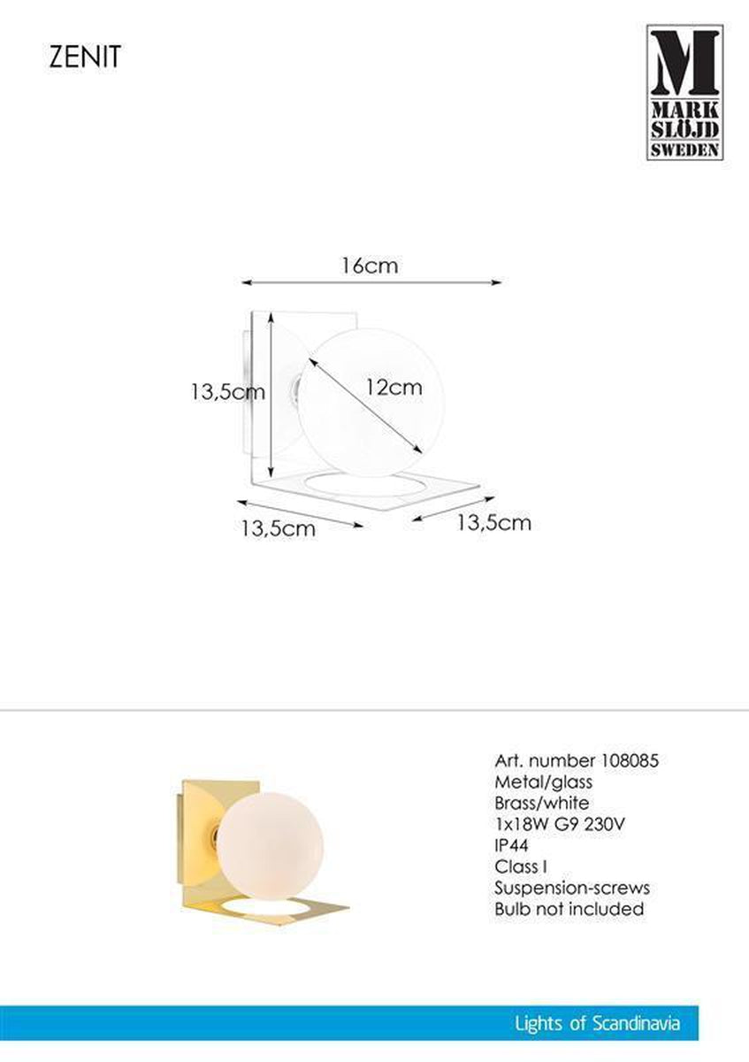 Zenit vegglampe IP44 - Messing - Messing-Baderomsbelysning vegglamper-Marksløjd-Messing-Mrk-108085-Lightup.no