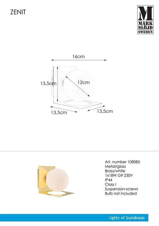 Zenit vegglampe IP44 - Messing - Messing-Baderomsbelysning vegglamper-Marksløjd-Messing-Mrk-108085-Lightup.no