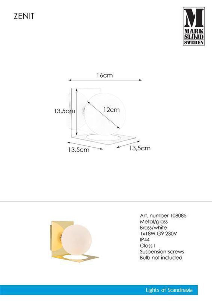 Zenit vegglampe IP44 - Messing - Messing-Baderomsbelysning vegglamper-Marksløjd-Messing-Mrk-108085-Lightup.no